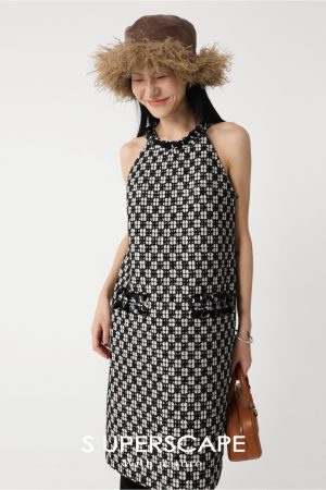 Handmade 3D Sequin Lace Woven Little Chanel Neck Dress - Elegant Y2K Style Party Dress