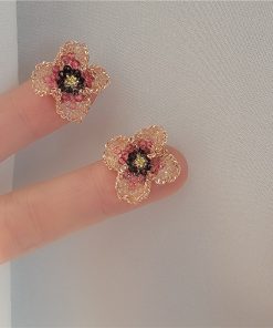 Handmade Beaded Earrings with Red Floral Design - French Romantic Style, Gentle Temperament, Perfect for Y2K and Boho Fashion