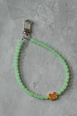 Handmade Beaded Glass Phone Lanyard with Gold Beast Design - Short Anti-Lost Wrist Strap Accessory for Mobile Phones