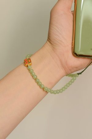 Handmade Beaded Glass Phone Lanyard with Gold Beast Design - Short Anti-Lost Wrist Strap Accessory for Mobile Phones