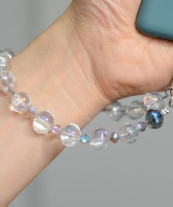 Handmade Beaded Phone Chain with Glass Bubble Four-Leaf Clover Crystal Pendant - Anti-Drop & Anti-Lost Accessory