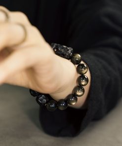 Handmade Black Ebony and Gold Obsidian Bracelet for Women and Men, Retro Trendy Jewelry, Unique Characteristic Design