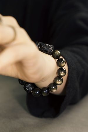 Handmade Black Ebony and Gold Obsidian Bracelet for Women and Men, Retro Trendy Jewelry, Unique Characteristic Design
