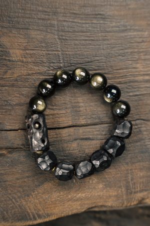 Handmade Black Ebony and Gold Obsidian Bracelet for Women and Men, Retro Trendy Jewelry, Unique Characteristic Design