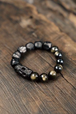 Handmade Black Ebony and Gold Obsidian Bracelet for Women and Men, Retro Trendy Jewelry, Unique Characteristic Design