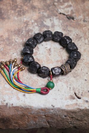 Handmade Black Sandalwood Bracelet for Men with Colorful Tassels and Unique Primitive Texture