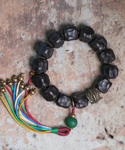 Handmade Black Sandalwood Bracelet for Men with Colorful Tassels and Unique Primitive Texture