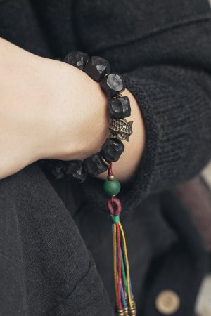 Handmade Black Sandalwood Bracelet for Men with Colorful Tassels and Unique Primitive Texture