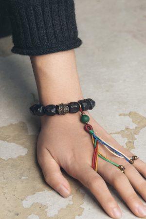 Handmade Black Sandalwood Bracelet for Men with Colorful Tassels and Unique Primitive Texture