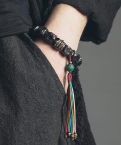 Handmade Black Sandalwood Bracelet for Men with Colorful Tassels and Unique Primitive Texture