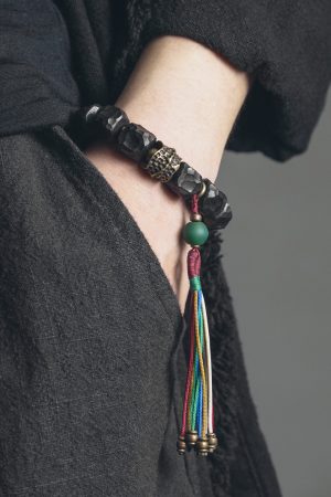 Handmade Black Sandalwood Bracelet for Men with Colorful Tassels and Unique Primitive Texture