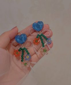 Handmade Blue Crystal Heart Earrings with Bow Bead Tassel - Exquisite High-End Women's Jewelry, Sweet and Elegant Design