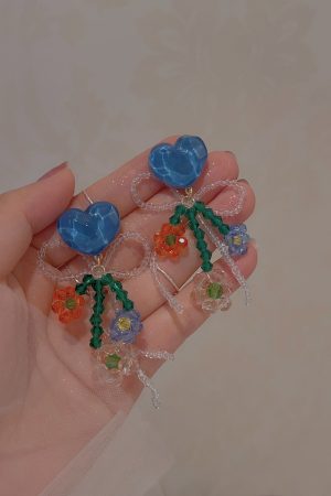 Handmade Blue Crystal Heart Earrings with Bow Bead Tassel - Exquisite High-End Women's Jewelry, Sweet and Elegant Design