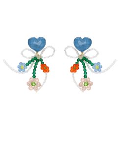 Handmade Blue Crystal Heart Earrings with Bow Bead Tassel - Exquisite High-End Women's Jewelry, Sweet and Elegant Design