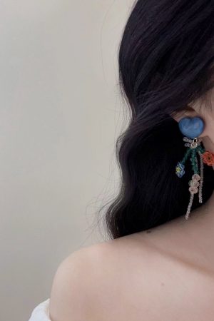 Handmade Blue Crystal Heart Earrings with Bow Bead Tassel - Exquisite High-End Women's Jewelry, Sweet and Elegant Design