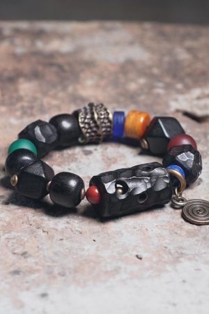 Handmade Carved Textured Ebony Wood Bracelet for Men and Women, Vintage Ethnic Style Beaded Wrist Accessory