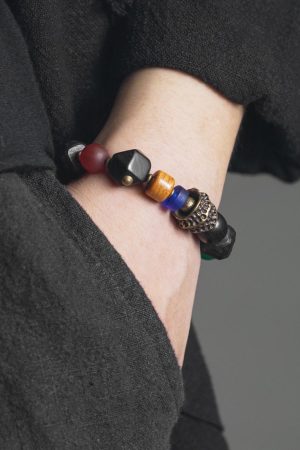 Handmade Carved Textured Ebony Wood Bracelet for Men and Women, Vintage Ethnic Style Beaded Wrist Accessory