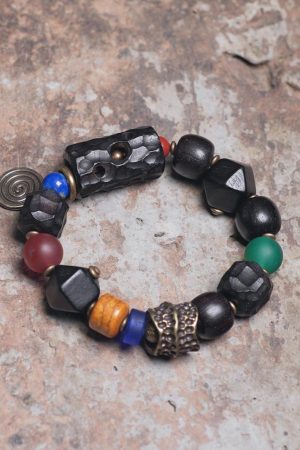 Handmade Carved Textured Ebony Wood Bracelet for Men and Women, Vintage Ethnic Style Beaded Wrist Accessory