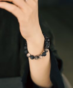 Handmade Carved Wooden and Silver Obsidian Bracelet for Women and Men, Vintage Matte Texture, Unique Personalized Gift