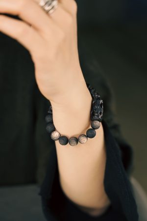 Handmade Carved Wooden and Silver Obsidian Bracelet for Women and Men, Vintage Matte Texture, Unique Personalized Gift