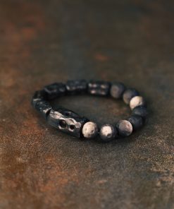 Handmade Carved Wooden and Silver Obsidian Bracelet for Women and Men, Vintage Matte Texture, Unique Personalized Gift