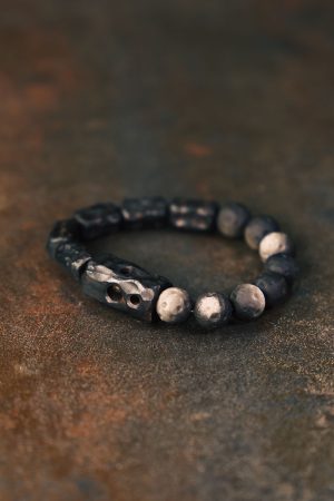Handmade Carved Wooden and Silver Obsidian Bracelet for Women and Men, Vintage Matte Texture, Unique Personalized Gift