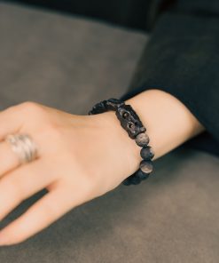 Handmade Carved Wooden and Silver Obsidian Bracelet for Women and Men, Vintage Matte Texture, Unique Personalized Gift