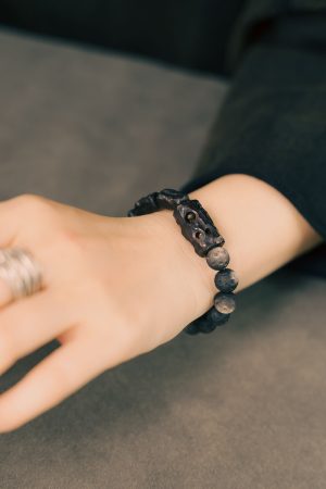 Handmade Carved Wooden and Silver Obsidian Bracelet for Women and Men, Vintage Matte Texture, Unique Personalized Gift