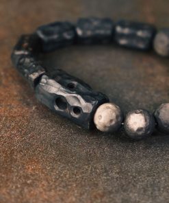 Handmade Carved Wooden and Silver Obsidian Bracelet for Women and Men, Vintage Matte Texture, Unique Personalized Gift