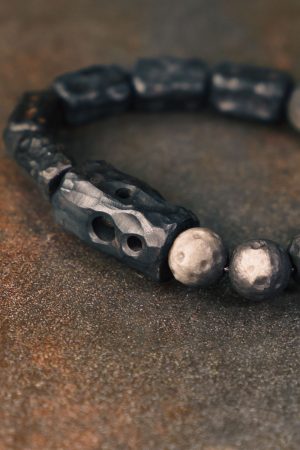 Handmade Carved Wooden and Silver Obsidian Bracelet for Women and Men, Vintage Matte Texture, Unique Personalized Gift