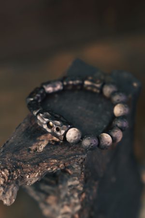 Handmade Carved Wooden and Silver Obsidian Bracelet for Women and Men, Vintage Matte Texture, Unique Personalized Gift