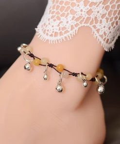 Handmade Chinese Ethnic Style Adjustable Ankle Bracelet with Red Agate, Dongling Jade & Crystal Bell for Girls' Jewelry