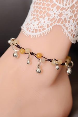 Handmade Chinese Ethnic Style Adjustable Ankle Bracelet with Red Agate, Dongling Jade & Crystal Bell for Girls' Jewelry
