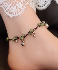 Handmade Chinese Ethnic Style Adjustable Ankle Bracelet with Red Agate, Dongling Jade & Crystal Bell for Girls' Jewelry