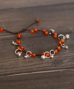 Handmade Chinese Ethnic Style Adjustable Ankle Bracelet with Red Agate, Dongling Jade & Crystal Bell for Girls' Jewelry