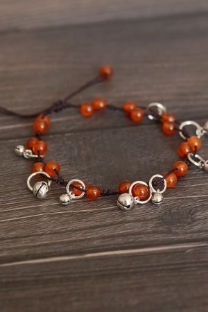Handmade Chinese Ethnic Style Adjustable Ankle Bracelet with Red Agate, Dongling Jade & Crystal Bell for Girls' Jewelry