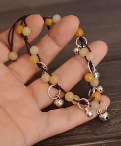Handmade Chinese Ethnic Style Adjustable Ankle Bracelet with Red Agate, Dongling Jade & Crystal Bell for Girls' Jewelry