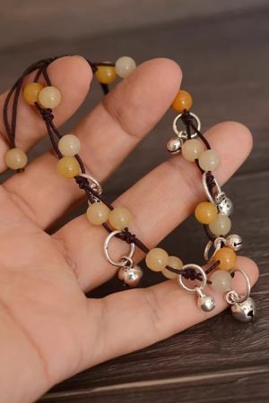 Handmade Chinese Ethnic Style Adjustable Ankle Bracelet with Red Agate, Dongling Jade & Crystal Bell for Girls' Jewelry
