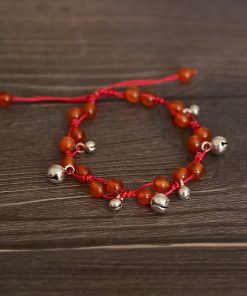Handmade Chinese Ethnic Style Adjustable Ankle Bracelet with Red Agate, Dongling Jade & Crystal Bell for Girls' Jewelry