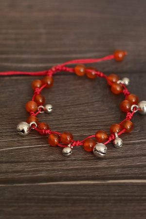Handmade Chinese Ethnic Style Adjustable Ankle Bracelet with Red Agate, Dongling Jade & Crystal Bell for Girls' Jewelry