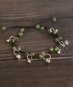 Handmade Chinese Ethnic Style Adjustable Ankle Bracelet with Red Agate, Dongling Jade & Crystal Bell for Girls' Jewelry