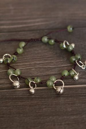 Handmade Chinese Ethnic Style Adjustable Ankle Bracelet with Red Agate, Dongling Jade & Crystal Bell for Girls' Jewelry
