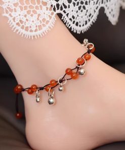 Handmade Chinese Ethnic Style Adjustable Ankle Bracelet with Red Agate, Dongling Jade & Crystal Bell for Girls' Jewelry