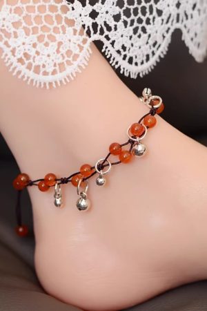 Handmade Chinese Ethnic Style Adjustable Ankle Bracelet with Red Agate, Dongling Jade & Crystal Bell for Girls' Jewelry