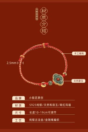 Handmade Chinese Style Natural Jadeite Ruyi Bracelet with Pure Silver and Red Rope â€“ Retro Gift for Women