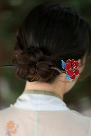 Handmade CloisonnÃ© Peony Flower Hairpin - Ancient Style Sandalwood Hair Accessory for Chinese Daily Bun Hairstyles