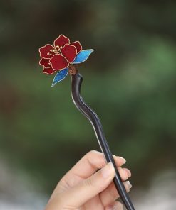 Handmade CloisonnÃ© Peony Flower Hairpin - Ancient Style Sandalwood Hair Accessory for Chinese Daily Bun Hairstyles
