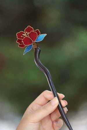 Handmade CloisonnÃ© Peony Flower Hairpin - Ancient Style Sandalwood Hair Accessory for Chinese Daily Bun Hairstyles