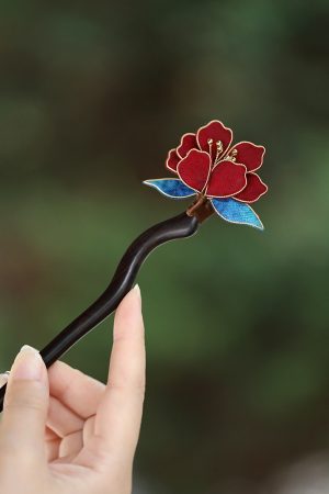 Handmade CloisonnÃ© Peony Flower Hairpin - Ancient Style Sandalwood Hair Accessory for Chinese Daily Bun Hairstyles