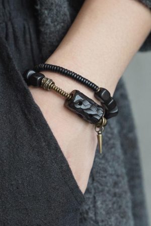 Handmade Ethnic Style Black Sandalwood Bracelet for Men - Versatile Hollow Design Square Wristband Accessories